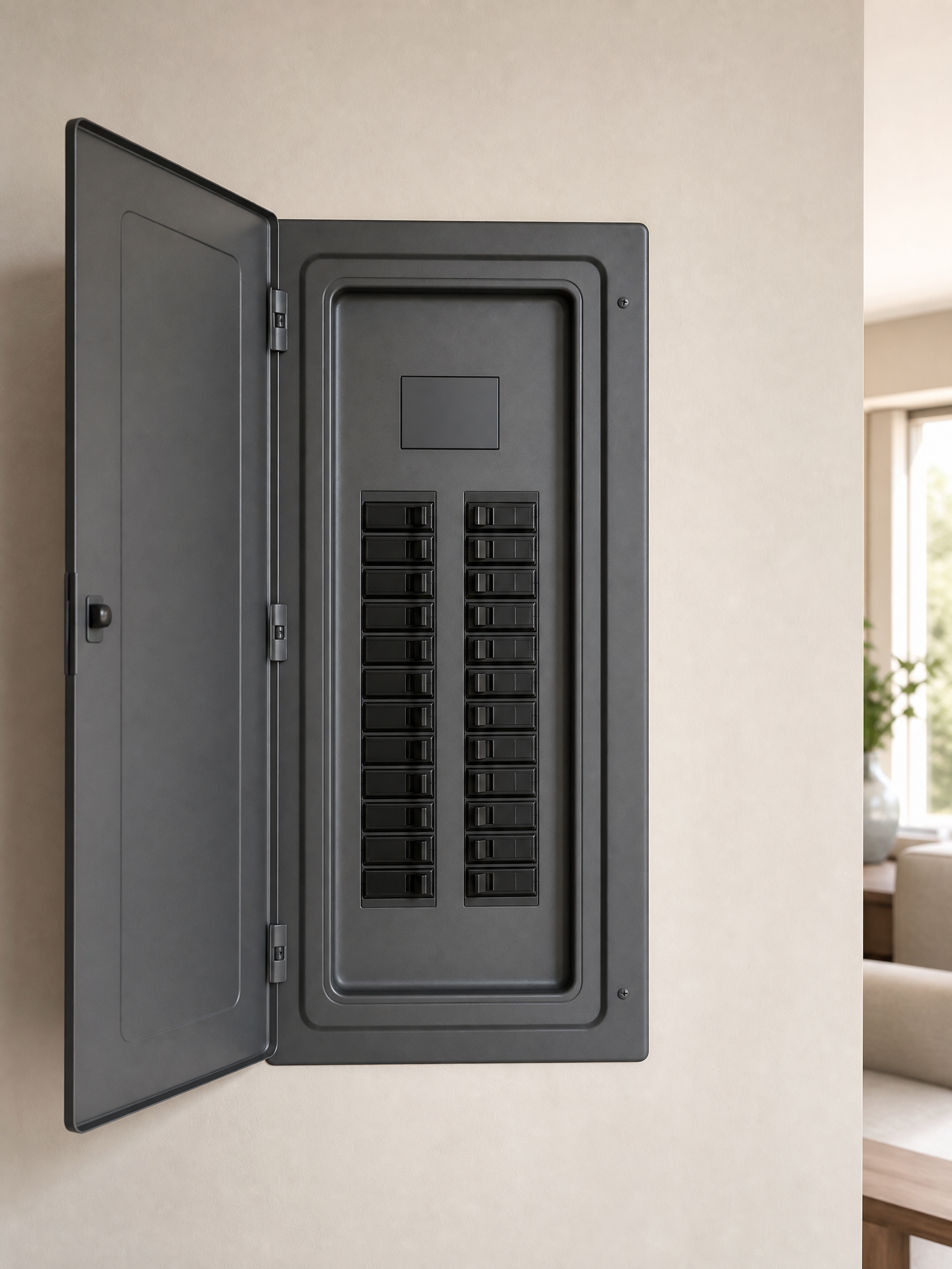 Open unbranded residential electrical panel with visible circuit breakers